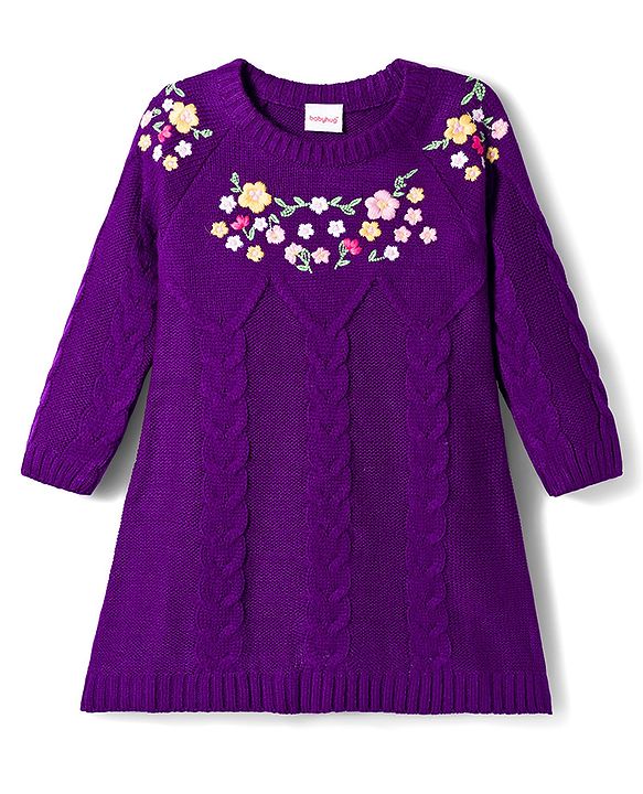 Babyhug Knitted Full Raglan Sleeves Woollen Dress With Floral Embroidery - Purple