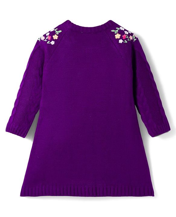 Babyhug Knitted Full Raglan Sleeves Woollen Dress With Floral Embroidery - Purple