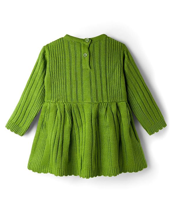 Babyhug Knitted Full Sleeves Solid Woollen Dress With Bow Applique - Green