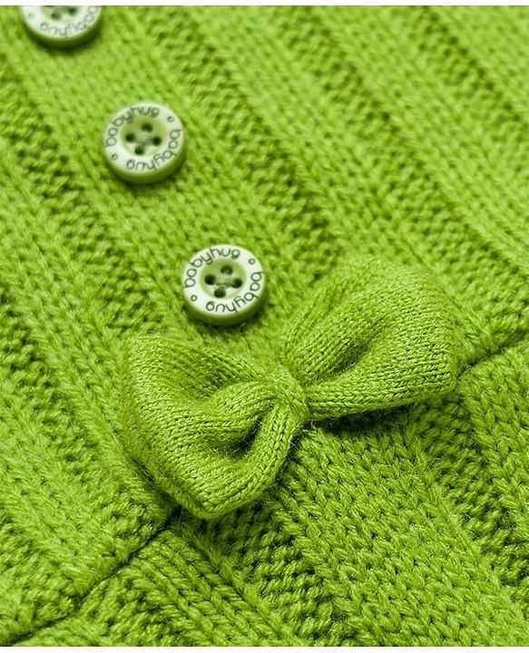Babyhug Knitted Full Sleeves Solid Woollen Dress With Bow Applique - Green
