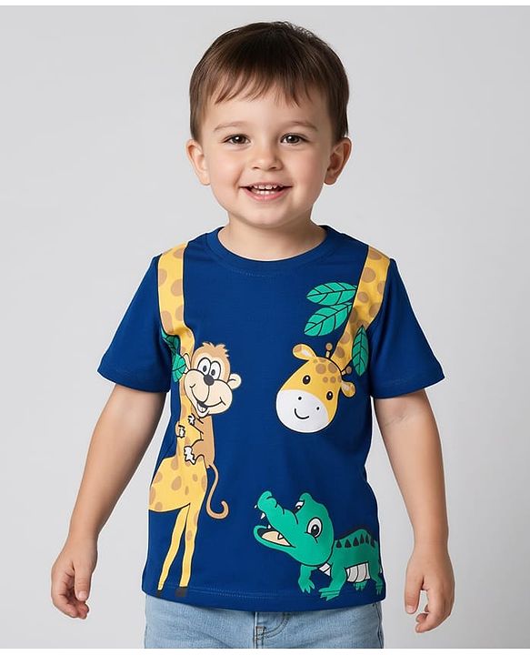 Babyhug 100 % Cotton Knit Half Sleeves T-Shirt with Giraffe & Crocodile Print - Navy Blue