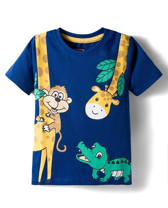 Babyhug 100 % Cotton Knit Half Sleeves T-Shirt with Giraffe & Crocodile Print - Navy Blue