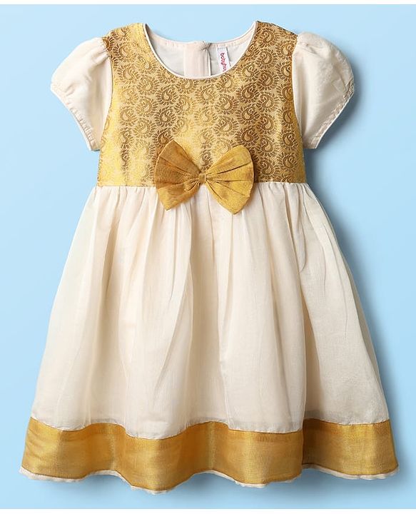 Babyhug South Cotton Woven Cap Sleeves Ethnic Dress With Foil Print & Bow Applique - Off White