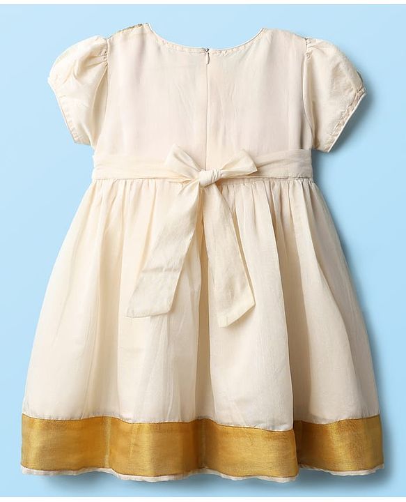 Babyhug South Cotton Woven Cap Sleeves Ethnic Dress With Foil Print & Bow Applique - Off White