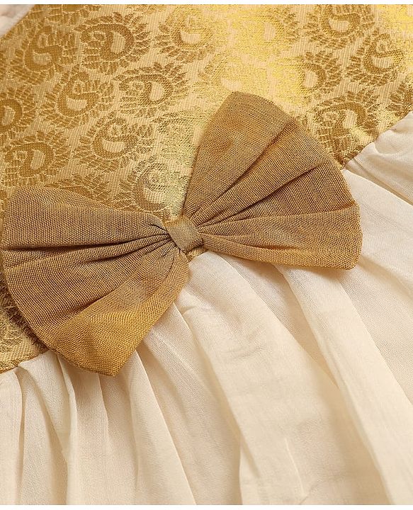 Babyhug South Cotton Woven Cap Sleeves Ethnic Dress With Foil Print & Bow Applique - Off White