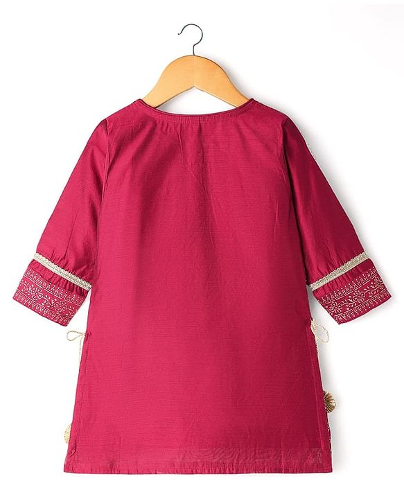 Babyhug Woven Three Fourth Sleeves Kurti Gharara Set with Dupatta & Floral Glitter Print - Maroon