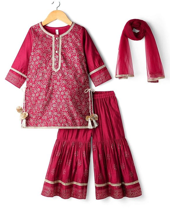 Babyhug Woven Three Fourth Sleeves Kurti Gharara Set with Dupatta & Floral Glitter Print - Maroon