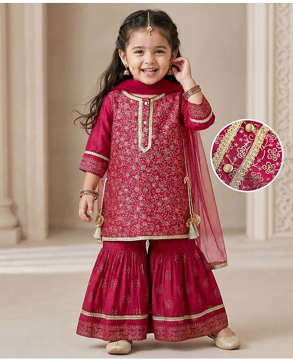 Babyhug Woven Three Fourth Sleeves Kurti Gharara Set with Dupatta & Floral Glitter Print - Maroon