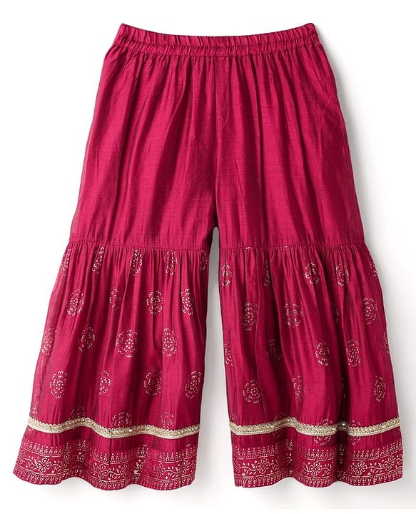 Babyhug Woven Three Fourth Sleeves Kurti Gharara Set with Dupatta & Floral Glitter Print - Maroon
