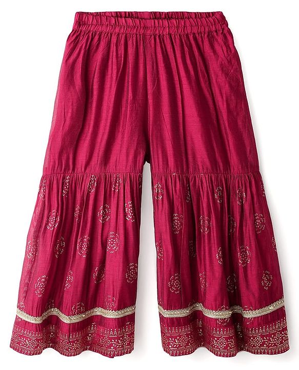 Babyhug Woven Three Fourth Sleeves Kurti Gharara Set with Dupatta & Floral Glitter Print - Maroon