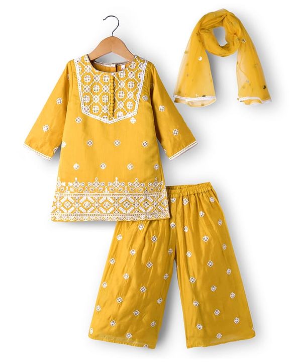 Babyhug Chanderi Woven Three Fourth Sleeves Floral Embroidered Kurti Palazzo Set with Dupatta - Yellow
