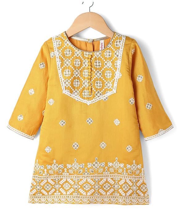 Babyhug Chanderi Woven Three Fourth Sleeves Floral Embroidered Kurti Palazzo Set with Dupatta - Yellow