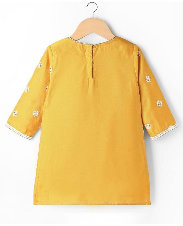 Babyhug Chanderi Woven Three Fourth Sleeves Floral Embroidered Kurti Palazzo Set with Dupatta - Yellow