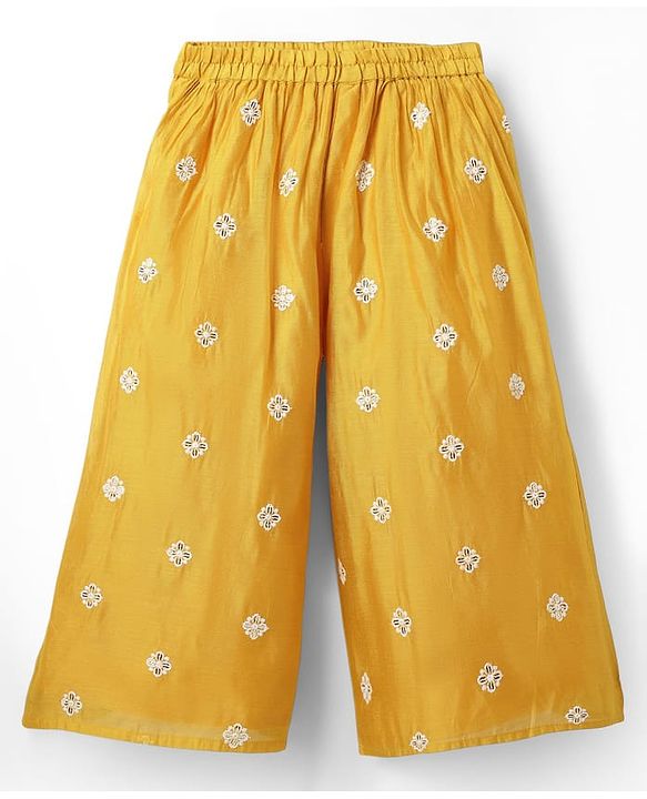 Babyhug Chanderi Woven Three Fourth Sleeves Floral Embroidered Kurti Palazzo Set with Dupatta - Yellow