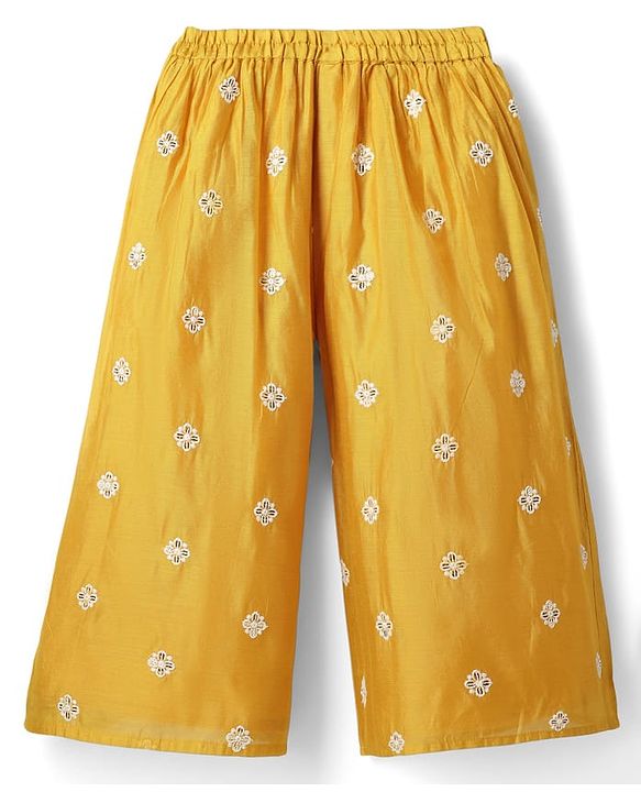 Babyhug Chanderi Woven Three Fourth Sleeves Floral Embroidered Kurti Palazzo Set with Dupatta - Yellow