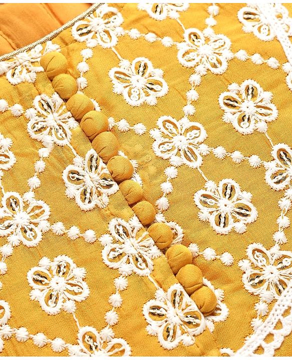 Babyhug Chanderi Woven Three Fourth Sleeves Floral Embroidered Kurti Palazzo Set with Dupatta - Yellow