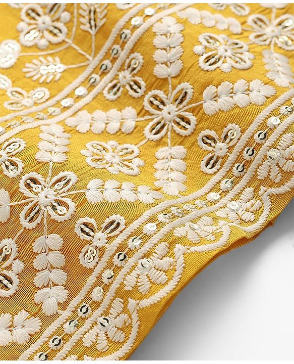 Babyhug Chanderi Woven Three Fourth Sleeves Floral Embroidered Kurti Palazzo Set with Dupatta - Yellow