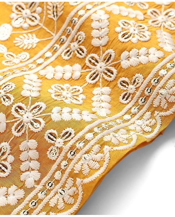 Babyhug Chanderi Woven Three Fourth Sleeves Floral Embroidered Kurti Palazzo Set with Dupatta - Yellow