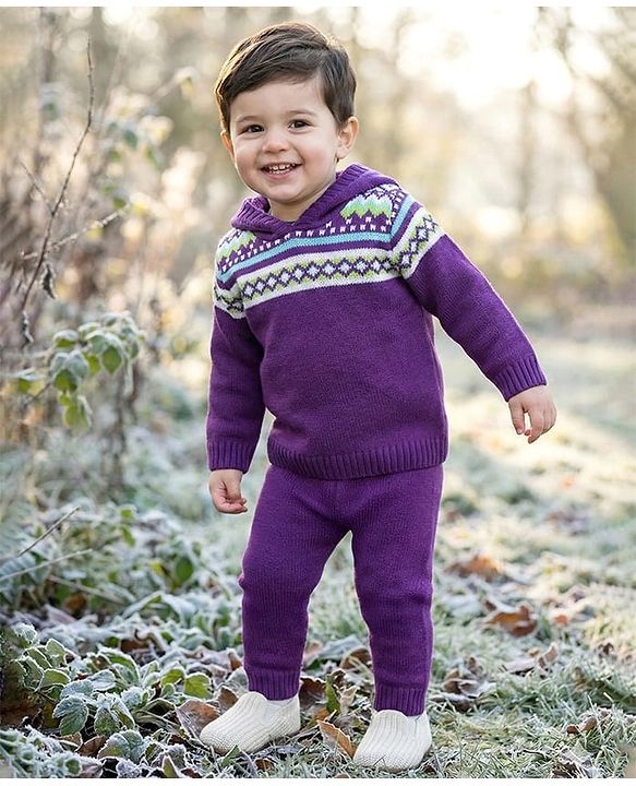 Babyhug Knitted Full Sleeves Hooded Sweater Set With Geometric Design - Purple