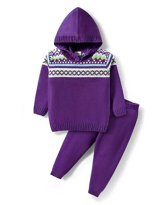 Babyhug Knitted Full Sleeves Hooded Sweater Set With Geometric Design - Purple