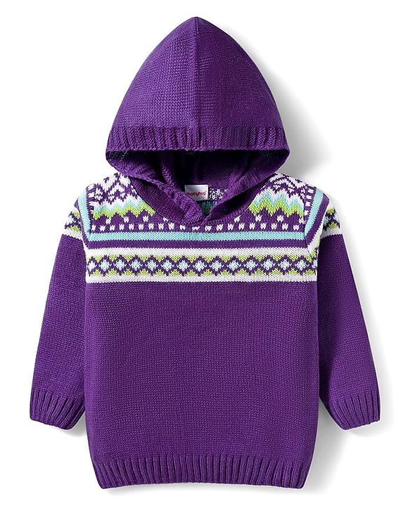 Babyhug Knitted Full Sleeves Hooded Sweater Set With Geometric Design - Purple