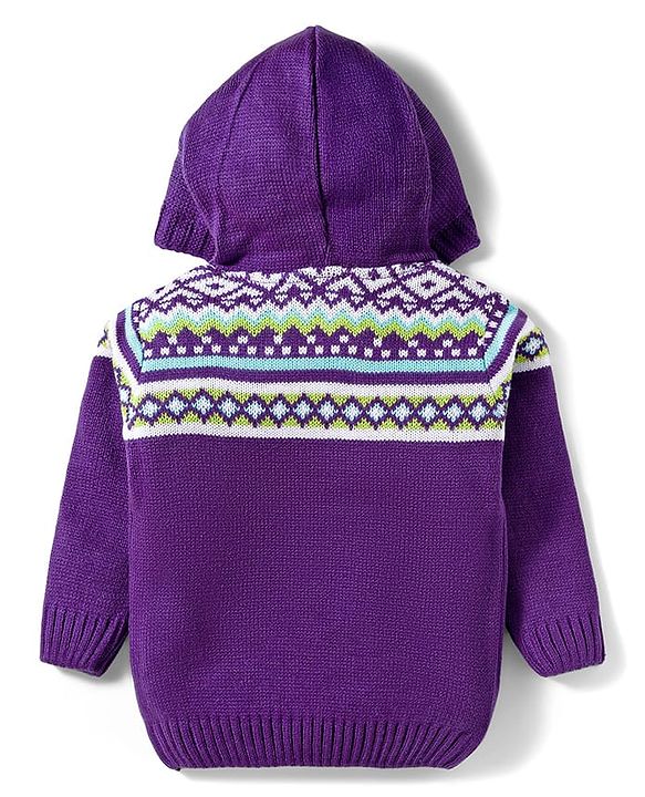 Babyhug Knitted Full Sleeves Hooded Sweater Set With Geometric Design - Purple