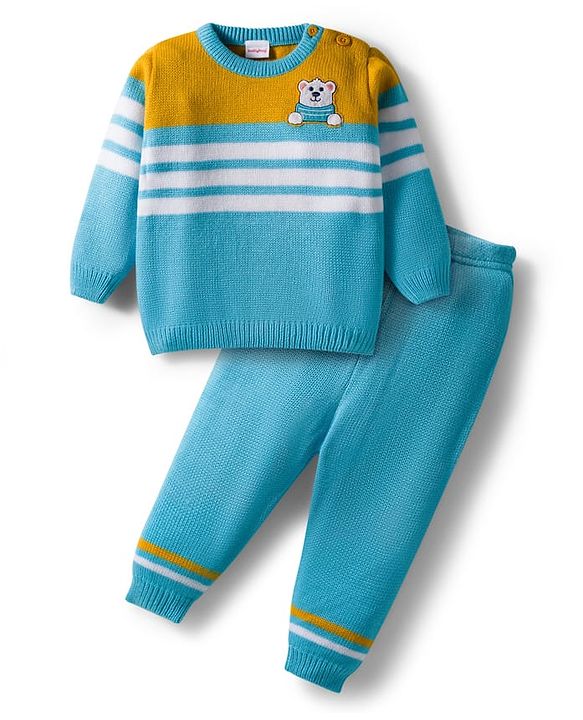 Babyhug Knit Full Sleeves Striped Pullover Sweater Set with Bear Patch Detailing - Aqua Blue