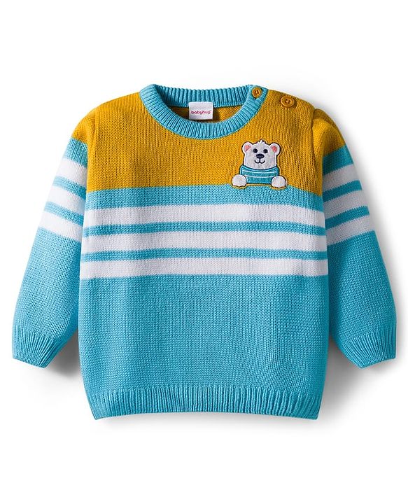 Babyhug Knit Full Sleeves Striped Pullover Sweater Set with Bear Patch Detailing - Aqua Blue