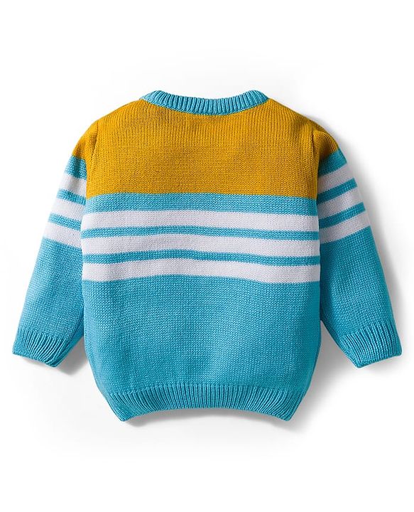 Babyhug Knit Full Sleeves Striped Pullover Sweater Set with Bear Patch Detailing - Aqua Blue