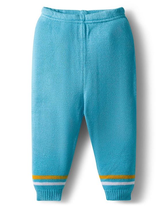 Babyhug Knit Full Sleeves Striped Pullover Sweater Set with Bear Patch Detailing - Aqua Blue
