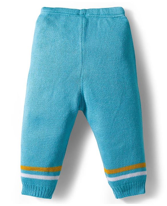 Babyhug Knit Full Sleeves Striped Pullover Sweater Set with Bear Patch Detailing - Aqua Blue
