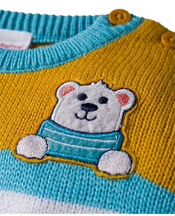Babyhug Knit Full Sleeves Striped Pullover Sweater Set with Bear Patch Detailing - Aqua Blue
