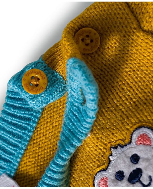 Babyhug Knit Full Sleeves Striped Pullover Sweater Set with Bear Patch Detailing - Aqua Blue