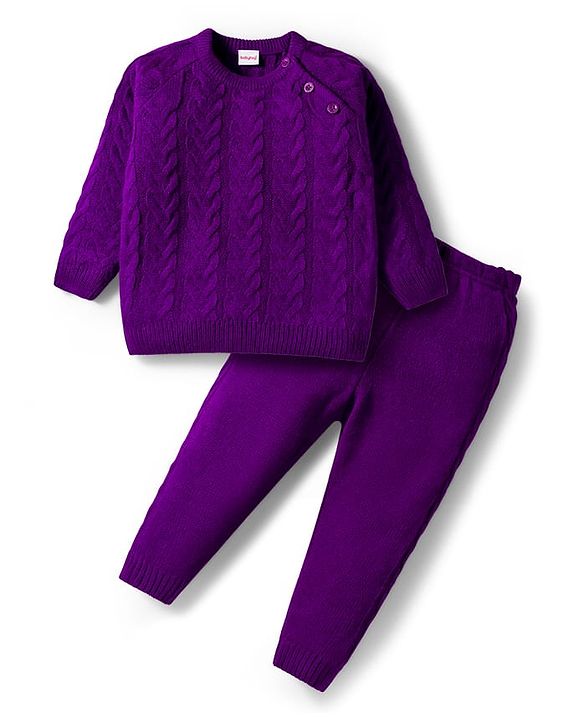 Babyhug Knit Full Raglan Sleeves Sweater Set with Cable Knit Design - Purple