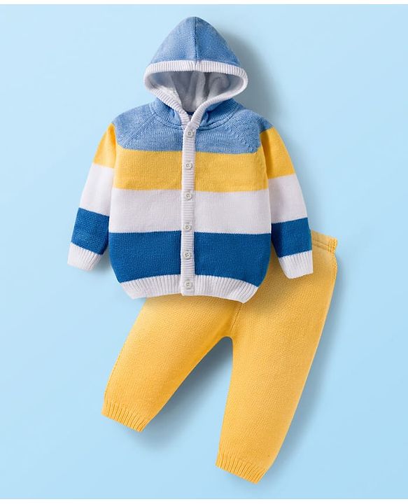 Babyhug Knit Full Raglan Sleeves Front Open Hooded Sweater Set with Color Block - Blue