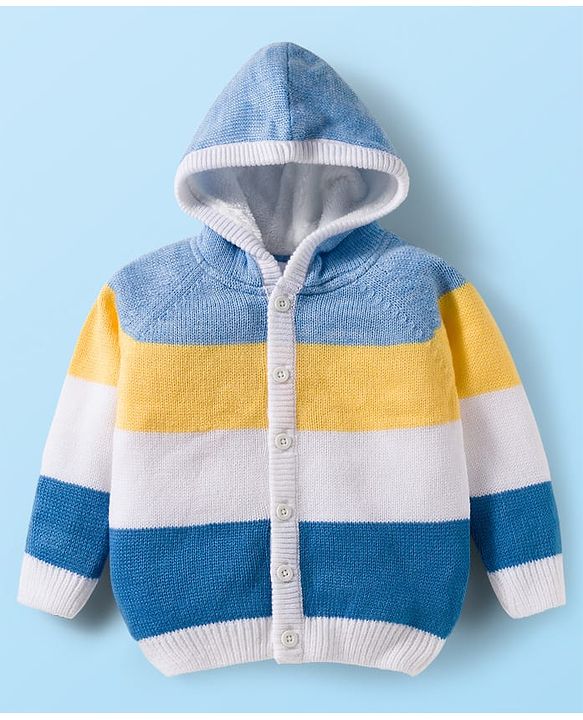 Babyhug Knit Full Raglan Sleeves Front Open Hooded Sweater Set with Color Block - Blue