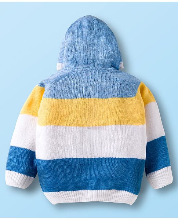 Babyhug Knit Full Raglan Sleeves Front Open Hooded Sweater Set with Color Block - Blue
