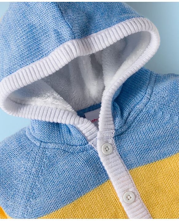 Babyhug Knit Full Raglan Sleeves Front Open Hooded Sweater Set with Color Block - Blue