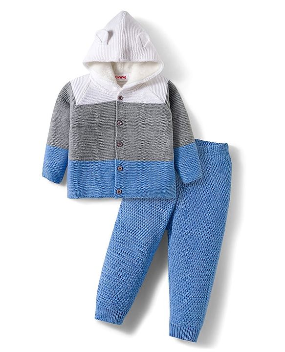 Babyhug Knitted Full Raglan Sleeves Hooded Sweater Set With Color Block Design - Multicolor