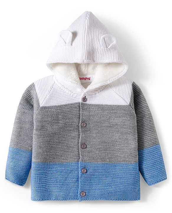 Babyhug Knitted Full Raglan Sleeves Hooded Sweater Set With Color Block Design - Multicolor