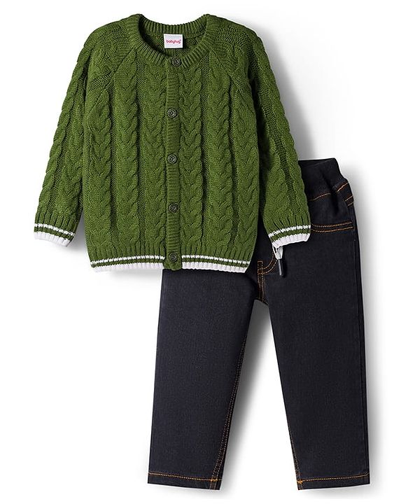 Babyhug Knit Full Raglan Sleeves Front Open Sweater & Pant Set with Cable Knit Design - Olive Green