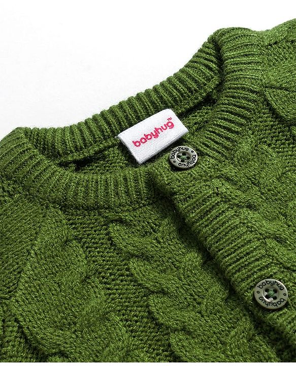 Babyhug Knit Full Raglan Sleeves Front Open Sweater & Pant Set with Cable Knit Design - Olive Green