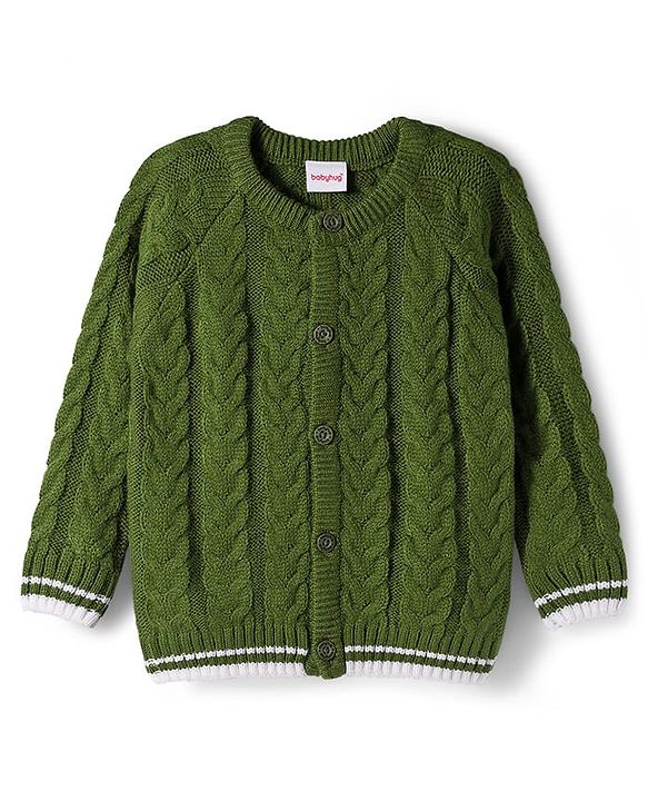 Babyhug Knit Full Raglan Sleeves Front Open Sweater & Pant Set with Cable Knit Design - Olive Green