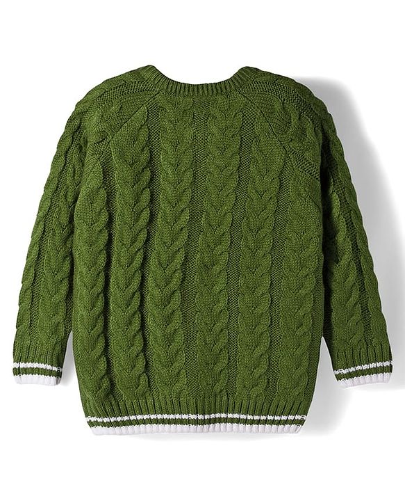 Babyhug Knit Full Raglan Sleeves Front Open Sweater & Pant Set with Cable Knit Design - Olive Green