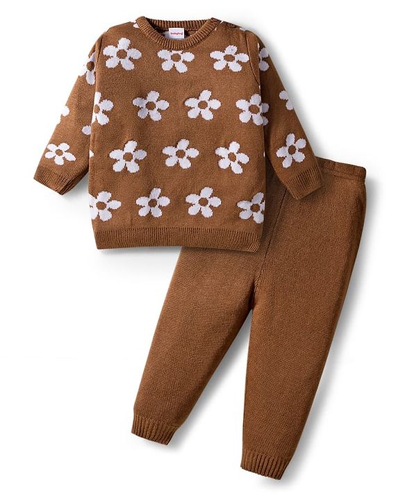 Babyhug Knit Full Sleeves Sweater Set with Floral Design - Brown
