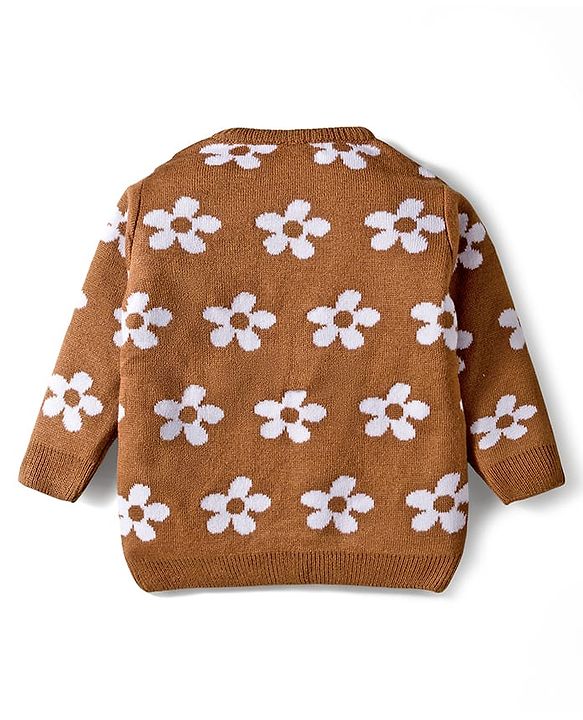 Babyhug Knit Full Sleeves Sweater Set with Floral Design - Brown