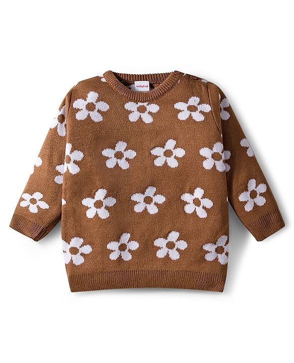 Babyhug Knit Full Sleeves Sweater Set with Floral Design - Brown