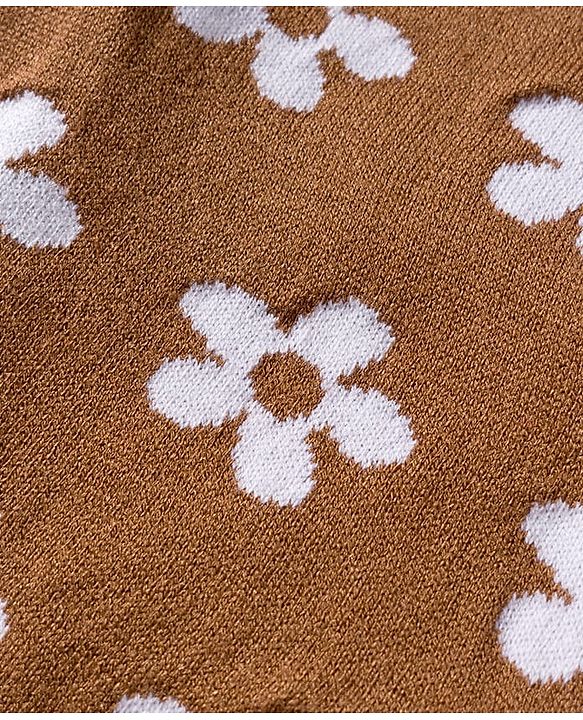 Babyhug Knit Full Sleeves Sweater Set with Floral Design - Brown