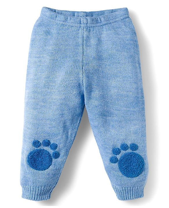 Babyhug Knit Full Sleeves Front Open Hooded Sweater Set with Paw Design - Blue
