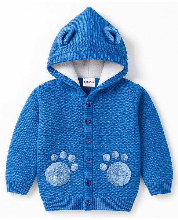 Babyhug Knit Full Sleeves Front Open Hooded Sweater Set with Paw Design - Blue